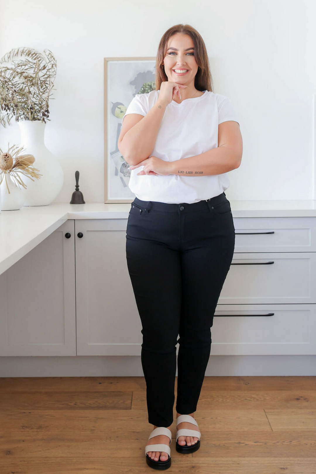 Ladies Black Jeans - Full Length Stretch Jeans - Functional Front + Back Pockets - Sizes 6 - 26 - Delta Jeans Black Front Full Length View Paired With Daisy White T-Shirt - Daisy's Closet