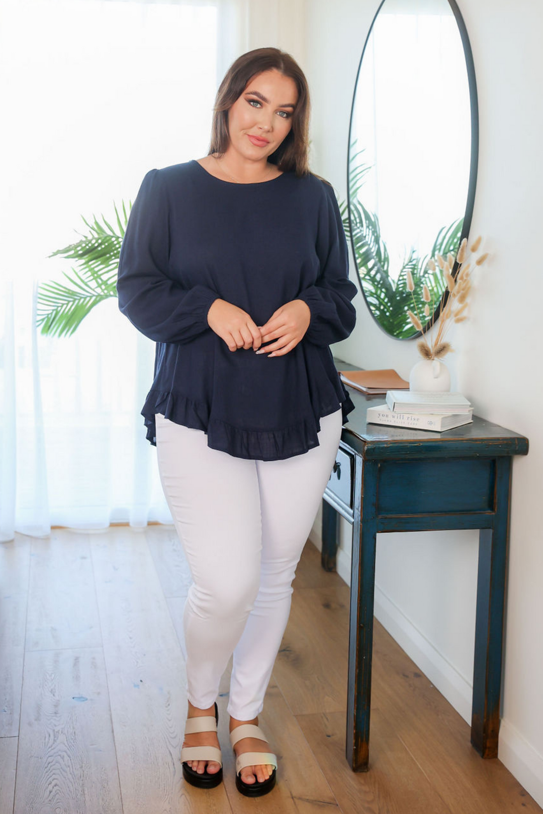Ladies White Jeans - Plus Size Jeans - Functional Front + Back Pockets - Delta Jeans Paired with Mila Button Back Top Navy - Daisy's Closet
