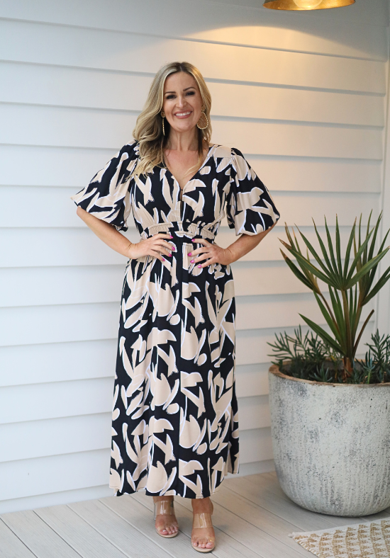 Ladies Party Dress - Maxi Dress - 3/4 Sleeve - Black and Cream - Daisy's Closet
