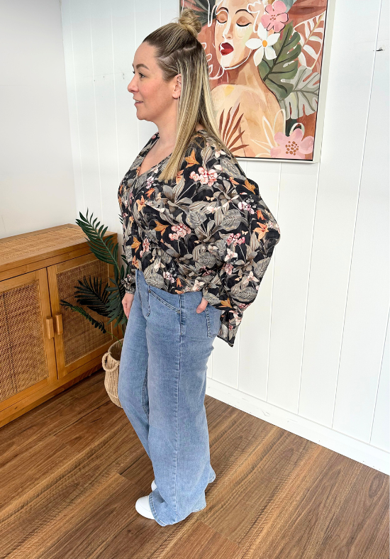 Remi Top Long Sleeve Grey Floral - Daisy’s Closet