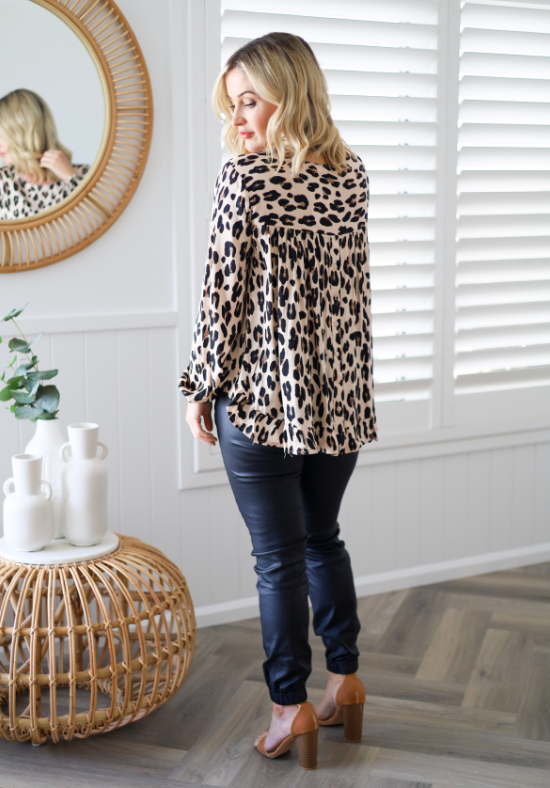 Ladies Long Sleeve Leopard Button Back Top - Long Sleeves with elasticised cuff - curved hemline front and back - sizes S - XXL - Mila Leopard Top - Daisy's Closet Size S/M Back  Full Length View