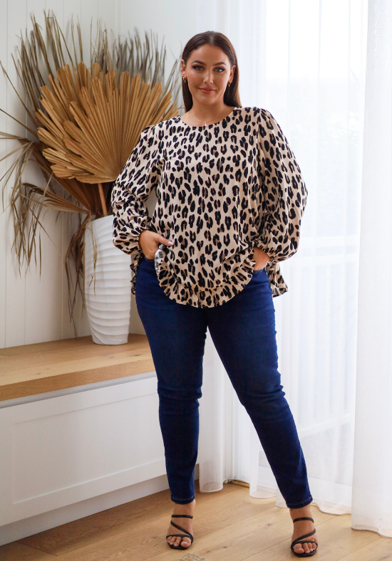 Ladies Long Sleeve Leopard Button Back Top - Long Sleeves with elasticised cuff - curved hemline front and back - sizes S - XXL - Mila Leopard Top - Daisy's Closet Front Full Length View