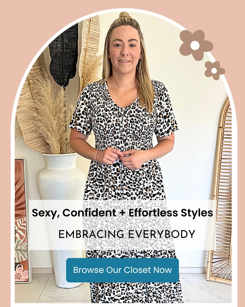 Woman wearing a leopard print dress with text about embracing confidence and styles.