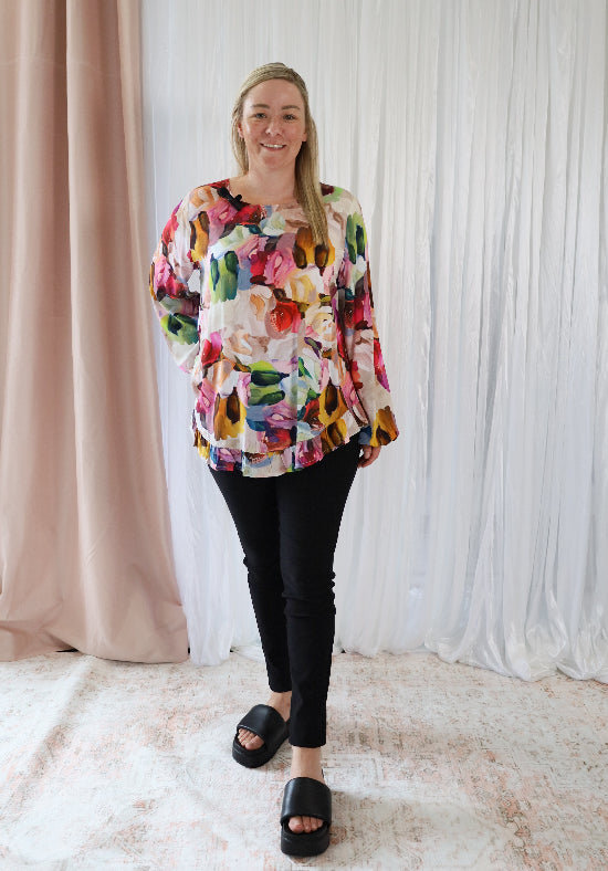 Daisy's Closet Mila long sleeve top with paintbrush print, casual shirt featuring artistic design and comfortable fit.