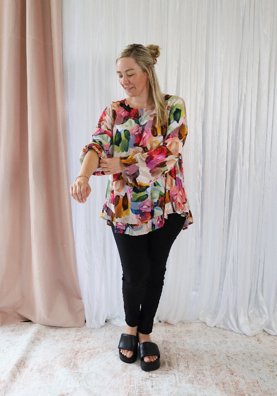 Daisy's Closet Mila long sleeve top with paintbrush print, featuring a stylish shirt design with artistic pattern.