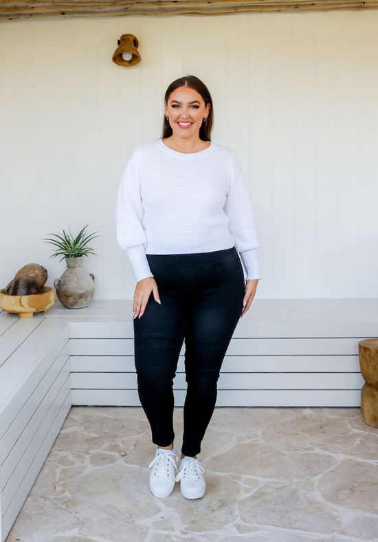 Ladies Black Pull On Jeans - Tummy Flattening Waistband - Panel Detailing on Front - Front and Back Functional Pockets - Sizes 6 - 18 - Delilah Denim Jeans Size 14 Front Full Length View Paired with Harper White Knit - Daisy's Closet