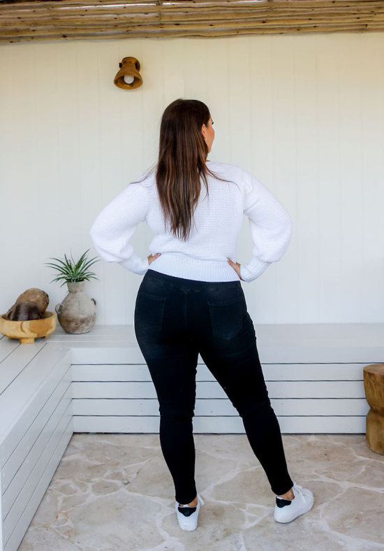 Ladies Black Pull On Jeans - Tummy Flattening Waistband - Panel Detailing on Front - Front and Back Functional Pockets - Sizes 6 - 18 - Delilah Denim Jeans Back Full Length View Size 14 Paired with Harper Knit White - Daisy's Closet