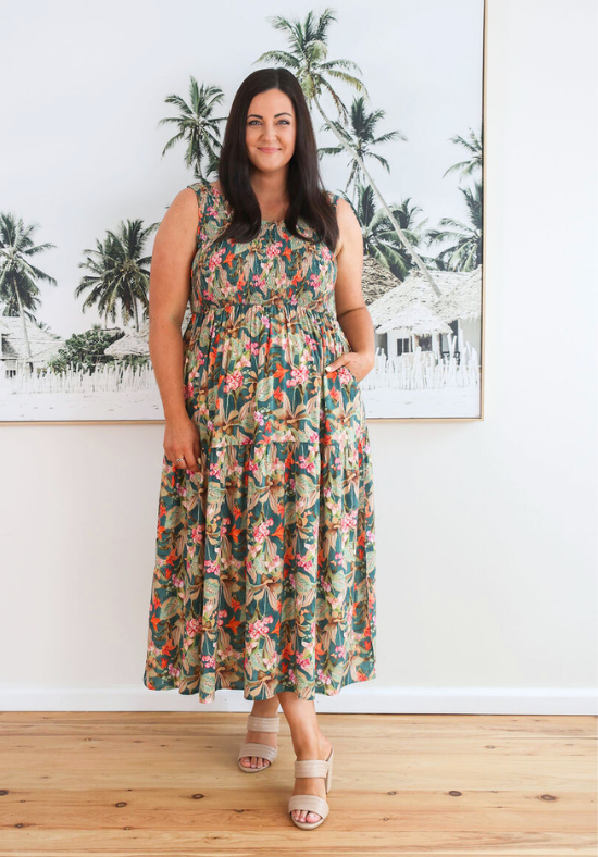 Elena Midi Dress Green Floral Print