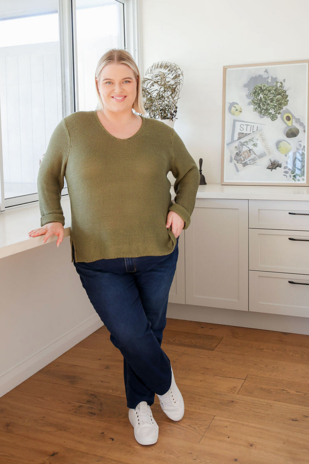 Ladies Curve Jeans - Dark Denim - Functional Front + Back Pockets = Elasticised Waistband - Sizes 12 - 24 - Carter Curve Jeans Paired with Millie Knit Khaki - Daisy's Closet