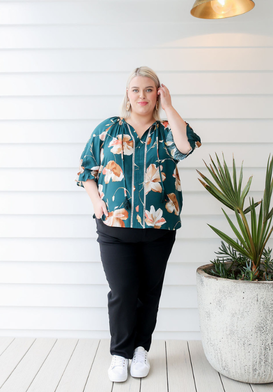 Ladies Floral Blouse - Emerald Green - Katie Top - Daisy's Closet