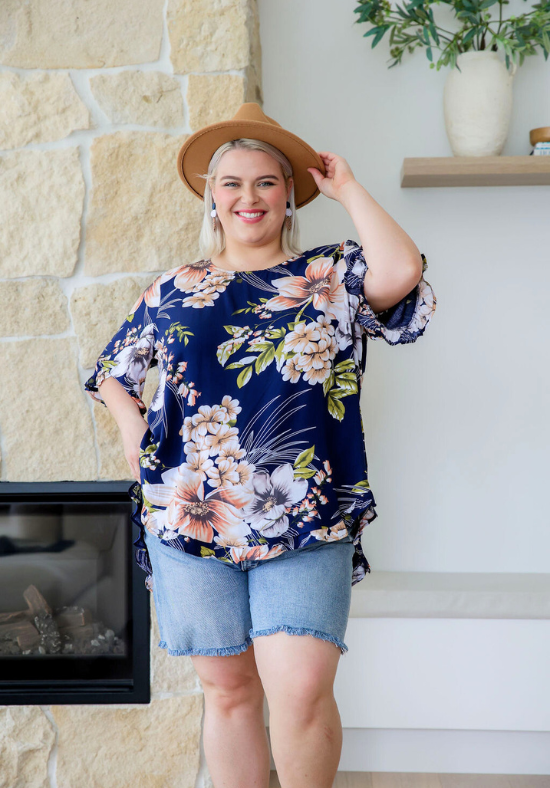 Ladies Floral Short Sleeve Top - Round Neckline Front + Back - Tammy Top Navy - Daisy's Closet