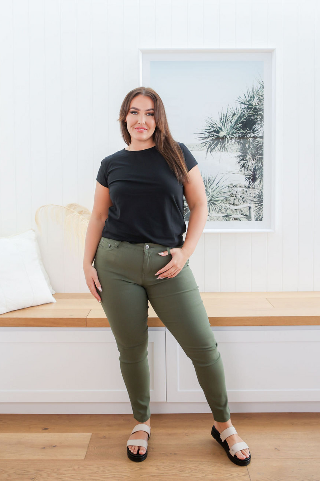 Ladies Full Length Jeans - Stretch Jeans - Slimming Cut - Functional Front + Back Pockets - Zip Up Front - Plus Size Jeans - Sizes 6 - 26 - Delta Jeans Khaki Front Full Length View Size 14- Daisy's Closet
