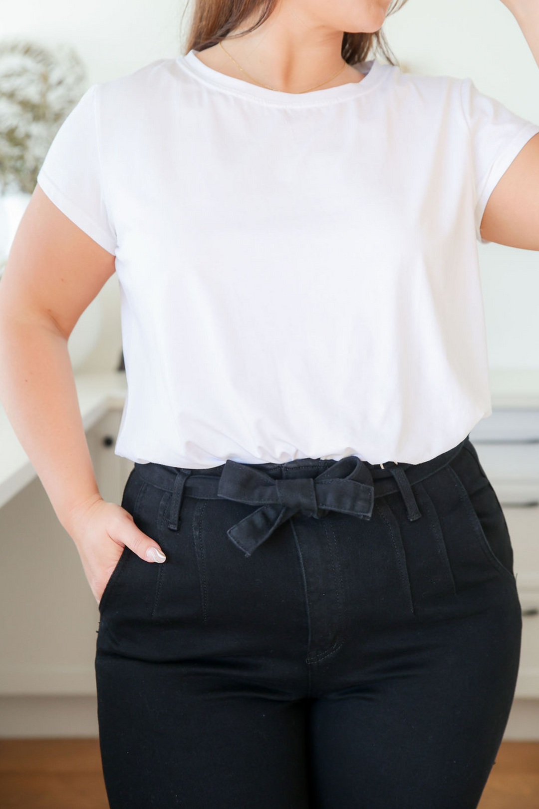 Ladies High Waisted Jeans - Black - Optional Tie Belt - Slimming Cut - Funtional Front + Back Pockets - Sizes 6 - 18 - Daisy Denim Jeans Black Close Up Front View Showing Tie Belt - Daisy's Closet