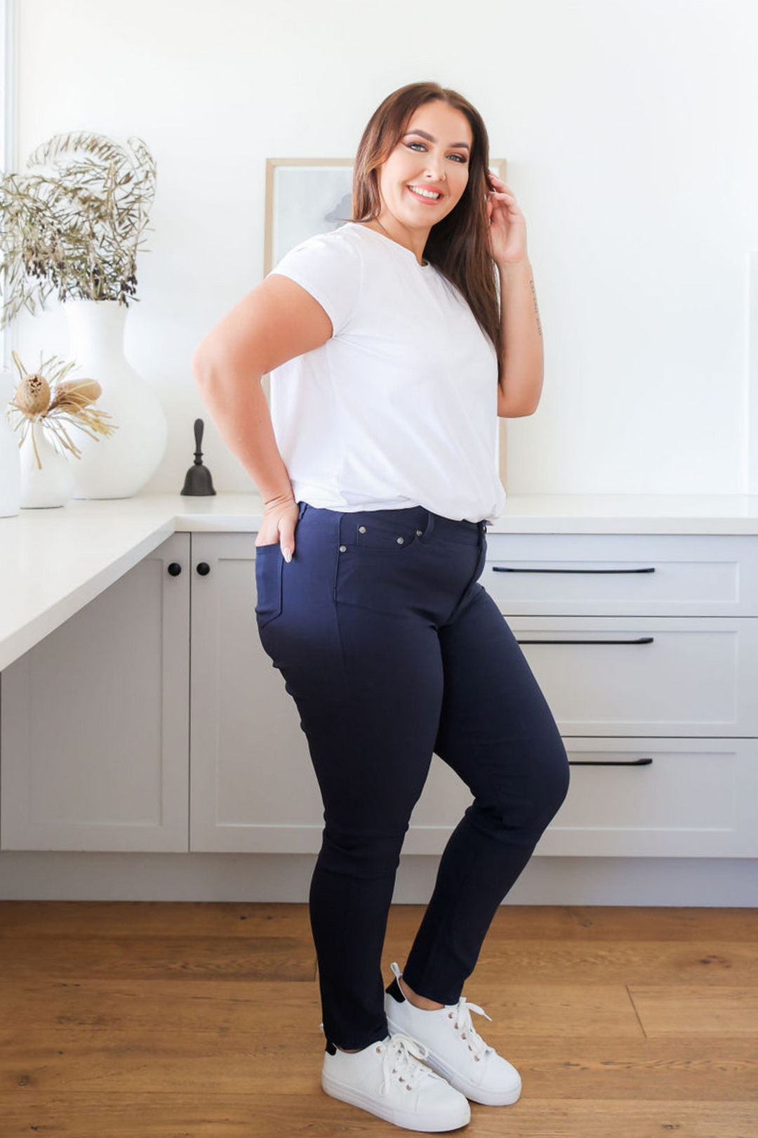 Ladies Jeans - Navy - Stretch Jeans - Functional Front + Back Pockets - Plus Size Jeans - Sizes 6 - 26 - Delta Jeans Navy Right Side Full Length View Size 14 - Daisy's Closet