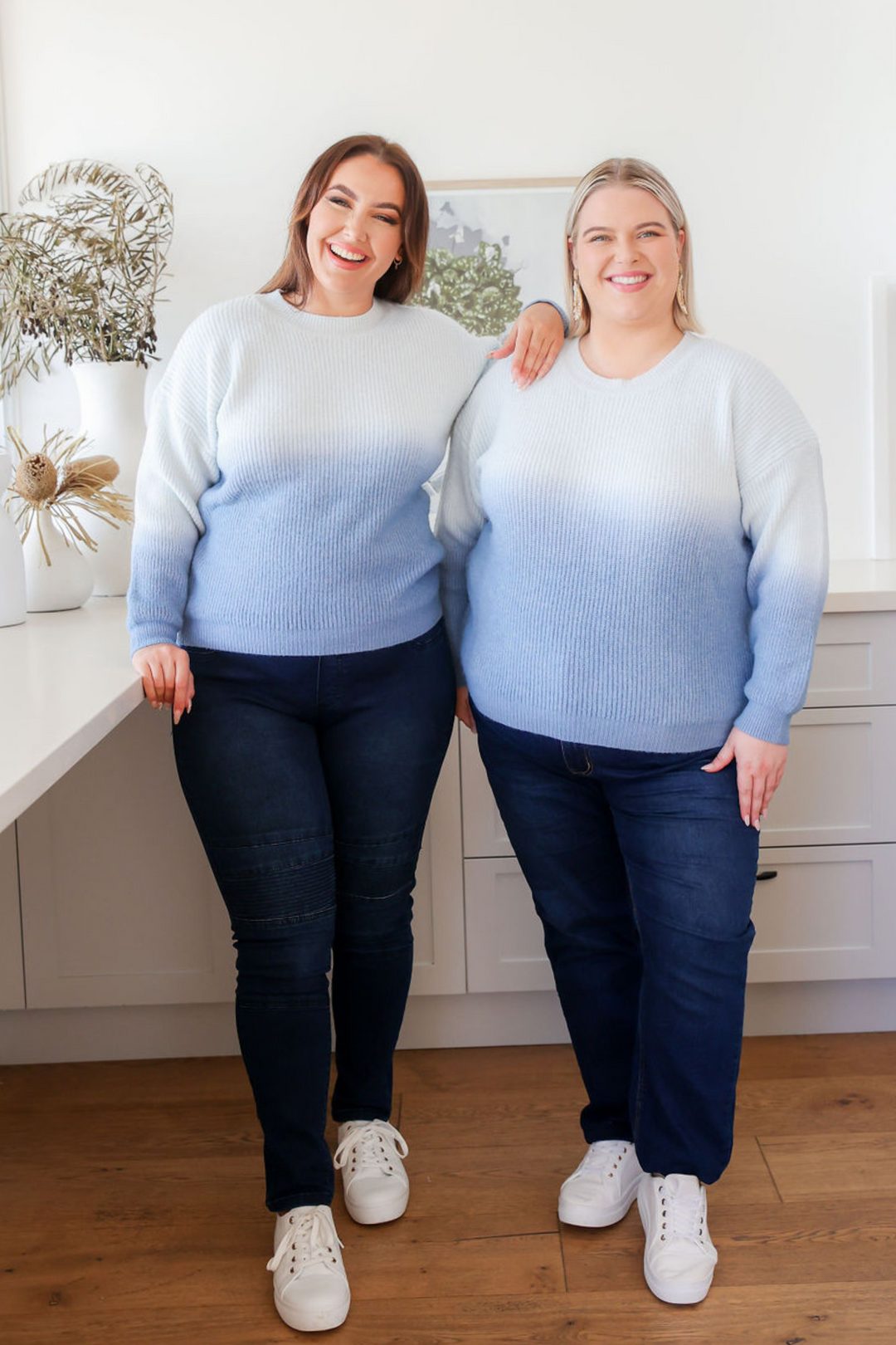 Ladies Knit Jumper - Round Neckline - Long Sleeve - Blue Ombre - Sizes S - XL - Billy Knit Jumper - Daisy's Closet Sizes S + L Paired with Dark Denim Jeans FrontFull Length View