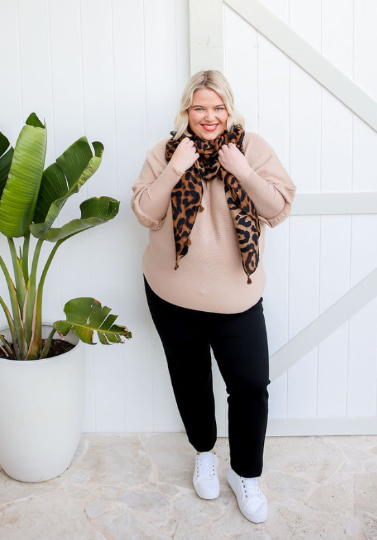 Ladies Leopard Scarf - Dark Leopard Print - Decorative Tassels - Front Full Length View Paired with Bianca Cream Knit + Delta Black Stretch Jeans - Miler Brown Leopard Scarf - Daisy's Closet 