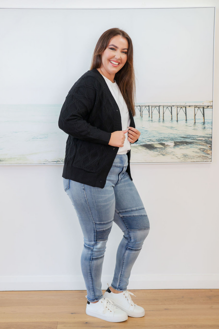 Ladies Long Sleeve Black Cardigan - Functional Button Up Front - Incredibly Soft + Warm - Sizes S/M - L/XL - Ruby Knit Cardigan Side Full Length View Paired with Delilah Light Denim Jeans - Daisy's Closet