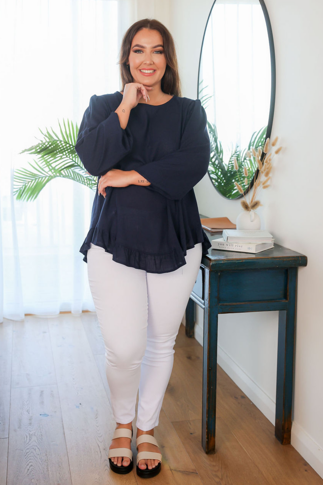 Ladies Long Sleeve Button Back Top - Round Neckline - Flowing Style - Navy - Sizes S/M - Xl/XXL - Mila Button Back Top Front Full Length View Paired with Delta White Jeans Daisy's Closet