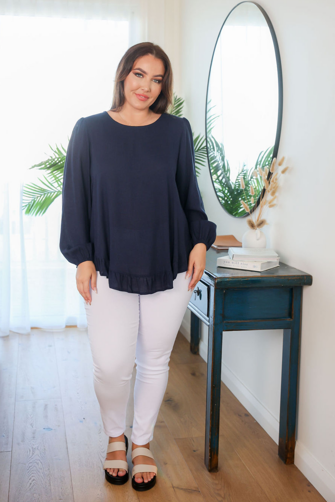 Ladies Long Sleeve Button Back Top - Round Neckline - Flowing Style - Navy - Sizes S/M - Xl/XXL - Mila Button Back Top Front Full Length View Paired with Delta White Jeans Daisy's Closet