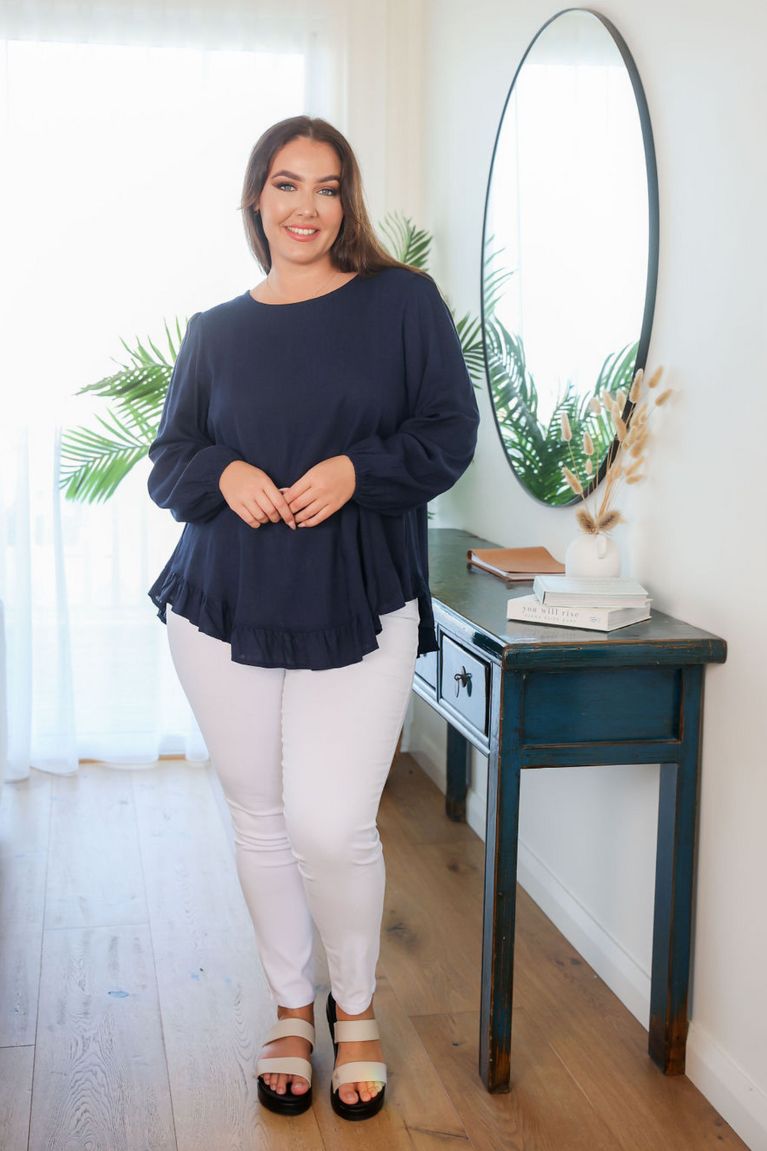 Ladies Long Sleeve Button Back Top - Round Neckline - Flowing Style - Navy - Sizes S/M - Xl/XXL - Mila Button Back Top Front Full Length View Paired with Delta White Jeans Daisy's Closet