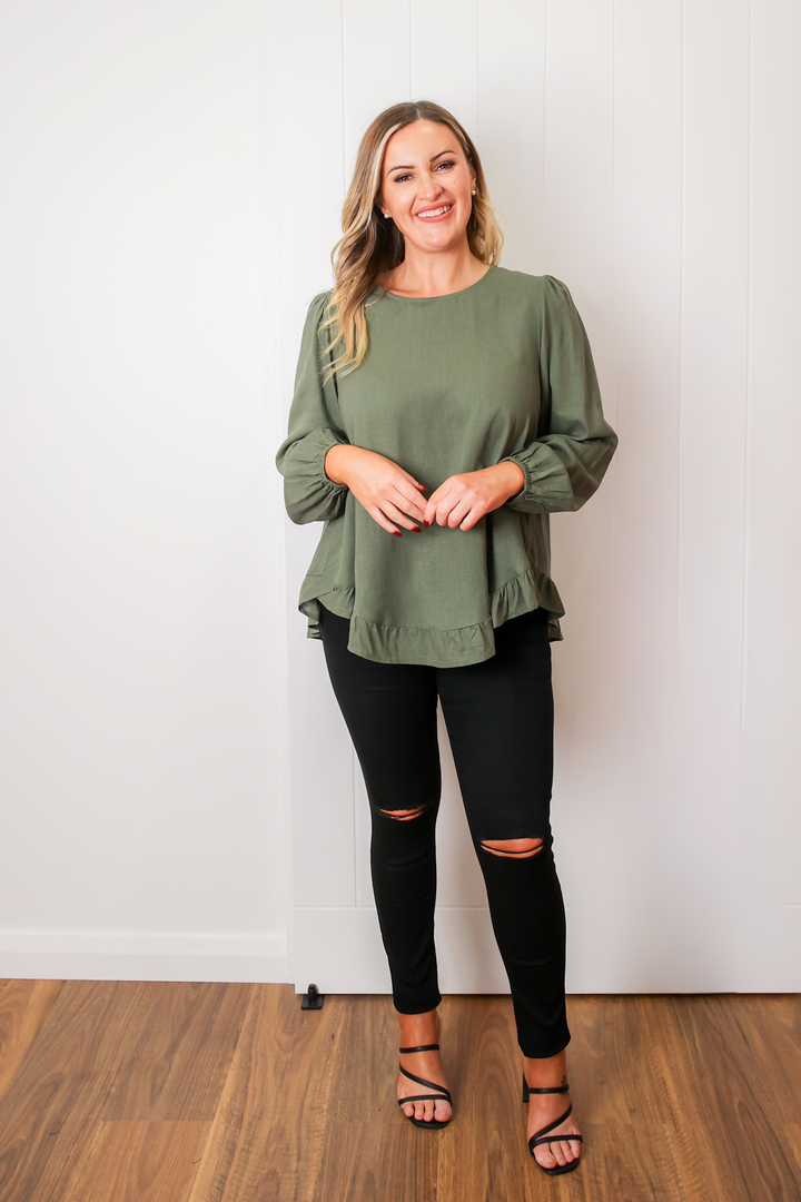 Ladies Long Sleeve Button Up Top - Elasticised Cuff - Round Neckline - Sizes S/M - XXL - Mila Long Sleeve Button Back Top - Daisy's Closet Front Full Length View