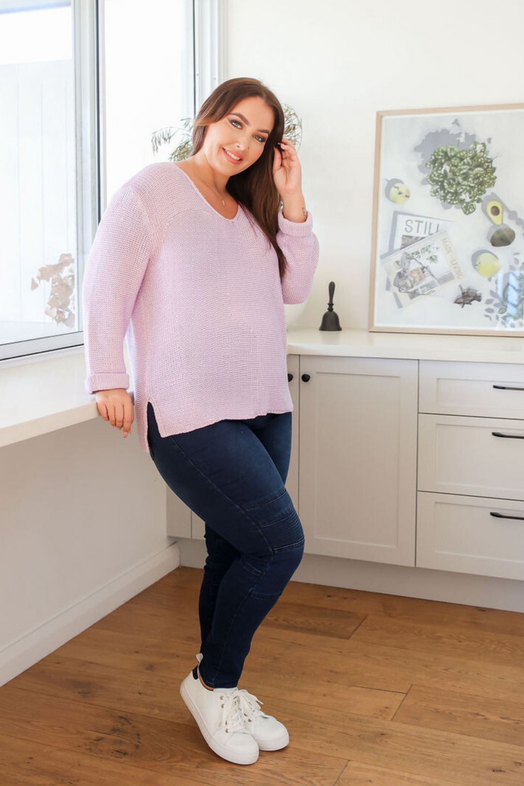 Ladies Long Sleeve Knit - Lilac - Cotton Knit Jumper - V Neckline - Sizes S/M - L/XL - Millie Knit Front Full Length View Paired with Delilah Dark Denim Jeans - Daisy's Closet