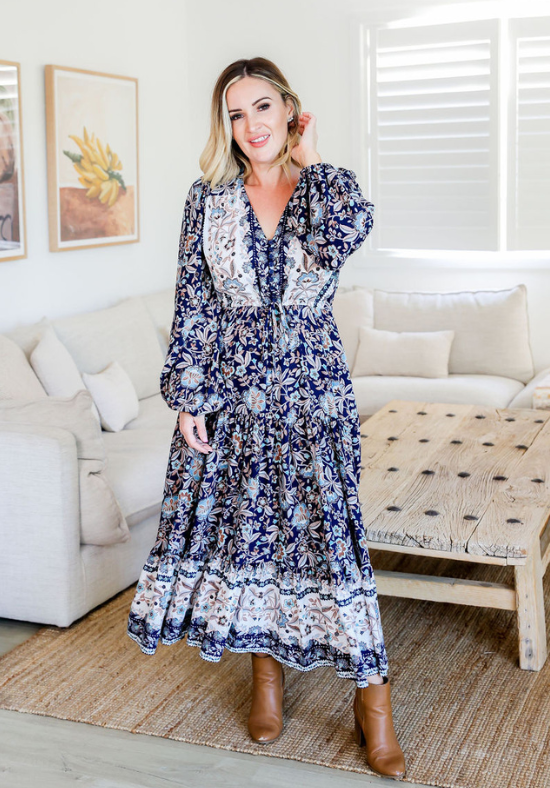 Ladies Long Sleeve Maxi Dress - Boho Maxi Dress - Sizes 6 - 26 - Concealed Side Pockets - Button Up Bust - Adjustable Tie Under Waist - Maternity and Breastfeeding Friendly - Emily Maxi Dress Front Full Length View Size 10 Showing Sleeve Detail - Daisy's Closet