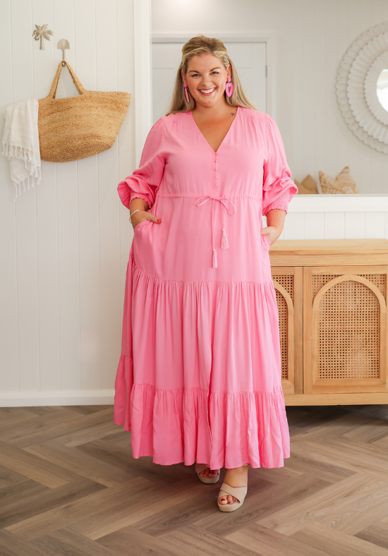 Ladies Long Sleeve Maxi Dress - Pink - Button Up Bust - Plus Size Dress - Daisy's Closet