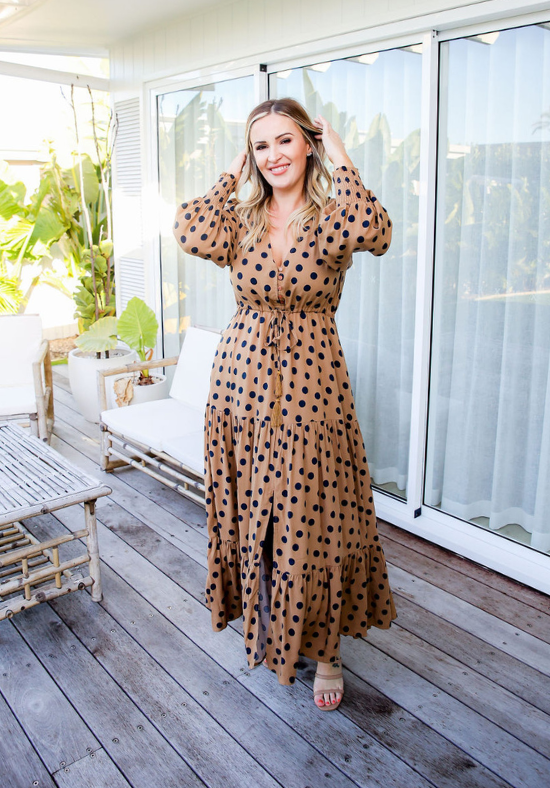Ladies Long Sleeve Maxi Dress - Side Functional Pockets - Button Up Bust Friendly Detail - Adjustable Drawstring Tie Under Bust - Breastfeeding and Maternity Friendly Full Length Front View Size 10- Ashy Dress - Daisy's Closet