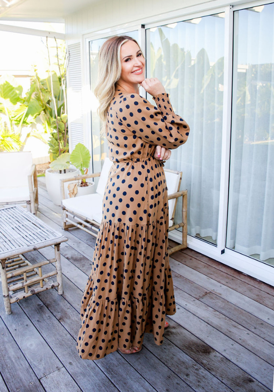 Ladies Long Sleeve Maxi Dress - Side Functional Pockets - Button Up Bust Friendly Detail - Adjustable Drawstring Tie Under Bust - Breastfeeding and Maternity Friendly Full Length Right Side View Size 10- Ashy Dress - Daisy's Closet