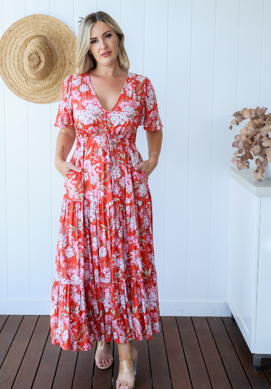 Ladies Maxi Dress - Short Sleeve - Button Up Bust - Gracie Dress - Daisy's ClosetLadies Maxi Dress - Short Sleeve - Button Up Bust - Gracie Dress - Daisy's Closet