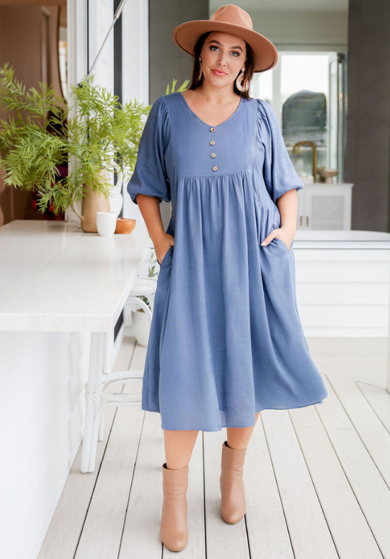 Ladies Midi Dress - Blue - 3/4 Sleeves - Hope Dress - Daisy's Closet