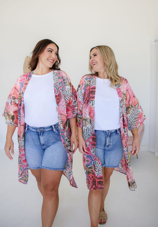 Ladies Pink Kimono - Kara Print - Daisy's Closet