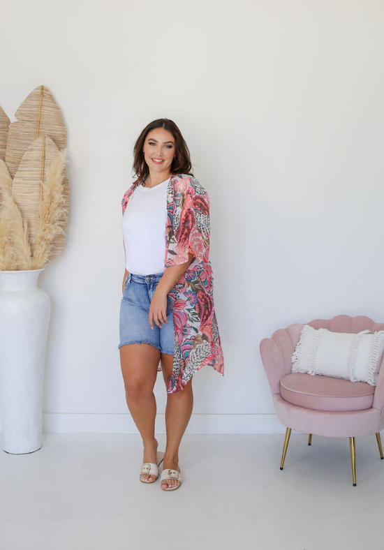 Ladies Pink Kimono - Kara Print - Daisy's Closet