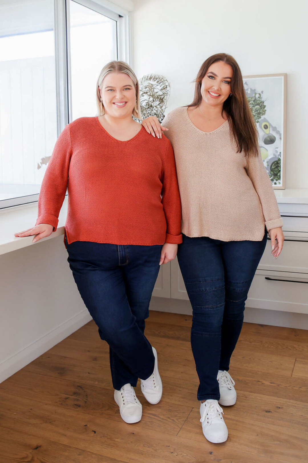 Ladies Plus Size Jeans - Dark Denim Jeans - Elasticised Waist Band - Finctional Front and Back Pockets - Carter Curve Jeans Front Full Length View Paired with Millie Rust Knit Size 22 - Daisy's Closet