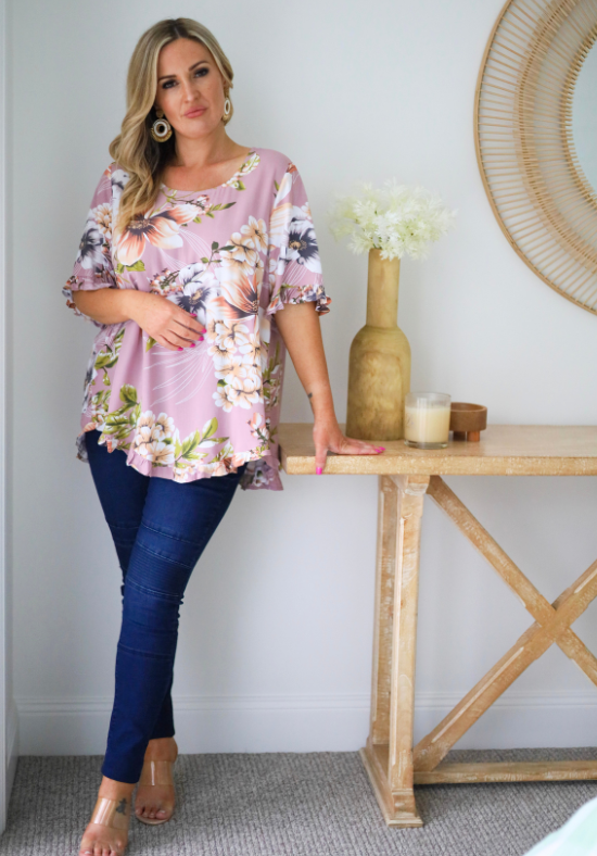 Ladies Short Sleeve Floral Top - Dusty Pink - Tammy Top - Daisy's Closet
