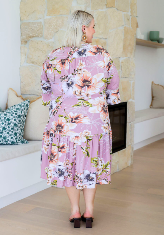 Ladies Spring Dress - Knee Length - 3/4 Sleeves - Floral Pink - Bronte Dress - Daisy's Closet