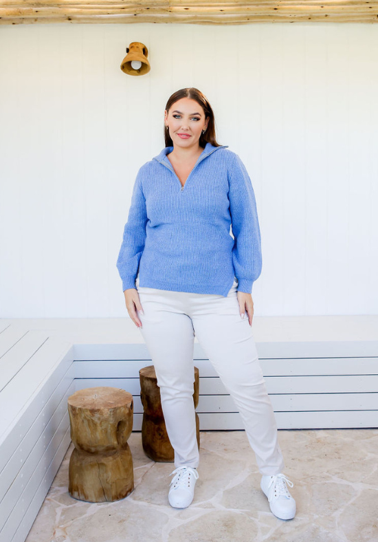 Ladies Stretch Jogger Jeans - Cream - Elasticised Waistband - Functional Front and Back Pockets - Drawstring waist - Pull On Jeans - Sizes 6 - 18 - Jenny Stretch Joggers - Size 12 Front Full Length View Paired with Amity Knit Jumper Blue - Daisy's Closet