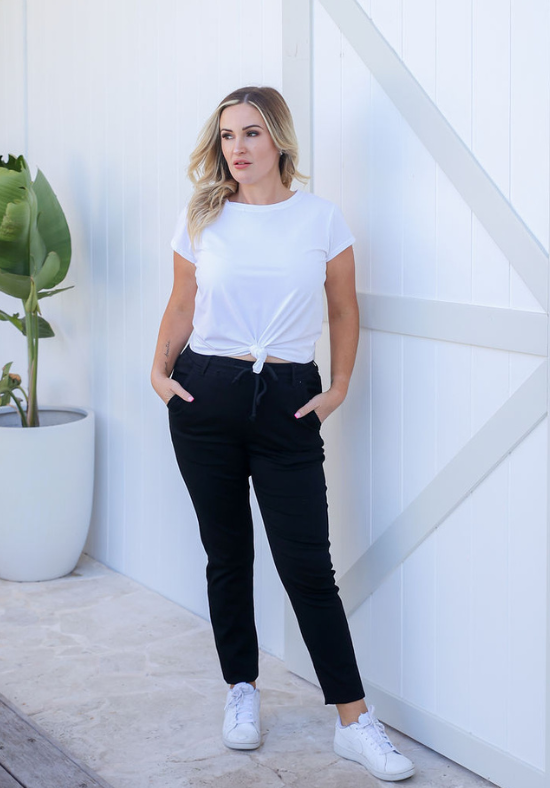 Ladies Stretch Jogger Style Pants - Functional Front and Back Pockets - Pull On Pants - Drawstring Waist - Elastcised Waist Band - Sizes 6 - 18 - Jenny Stretch Joggers Size 10 Paired with Daisy White T-Shirt - Daisy's Closet
