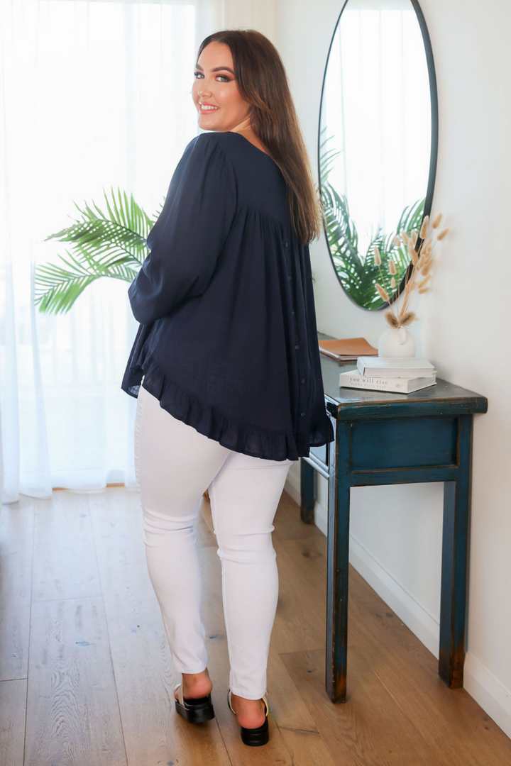 Ladies White Jeans - Plus Size Jeans - Functional Front + Back Pockets - Delta Jeans Back Full Length View Paired with Mila Long Sleeve Button Back Top Navy  - Daisy's Closet