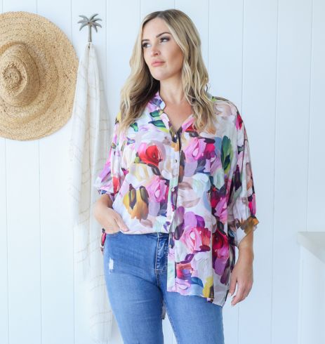 Ladies Button Up Shirt - Paintbrush Print - Daisy's Closet Halley Top