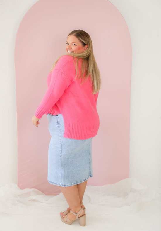 Ladies Denim Skirt - Light Blue Denim - Stretch Skirt - Midi Length - Daisy's Closet