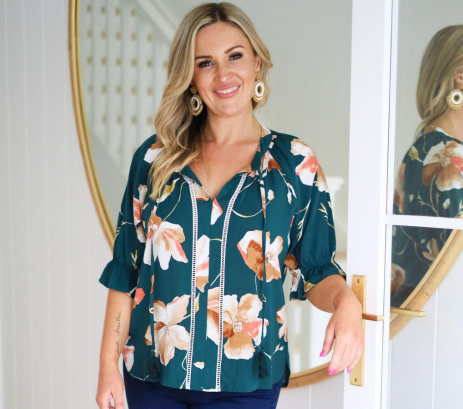Ladies Floral Blouse- Emerald Green - Katie Top - Daisy's Closet