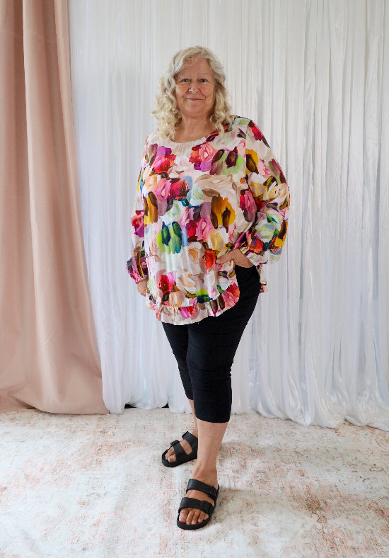 Long sleeve paintbrush print top by Daisy's Closet featuring button back design, casual women’s Shirt or Top.