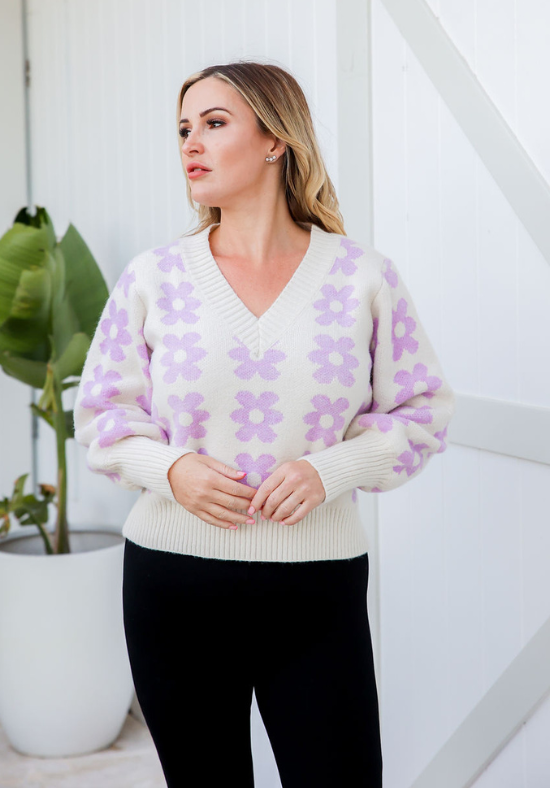 Ldies V Neck Jumper - Knit Jumper - White with Daisy Print Lilac - Long Sleeve - Sizes S/M - L/XL - Daisy Knit Front Close Up View Size S/M Paired With Aria Pants - Daisy's Closet