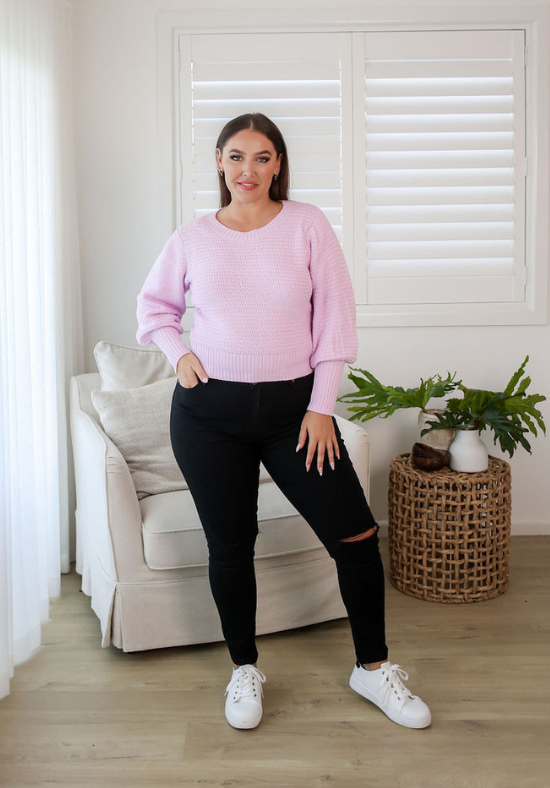 Womens Black Jeans - Stretch Denim - Full Length - Functional Front and Back Pockets - Ripped Knee Details - Sizes 6 - 18 - Front Full Length View Paired With Harper Knit Lilac Sizes 14 - Black Ivy Jeans - Daisy's Closet