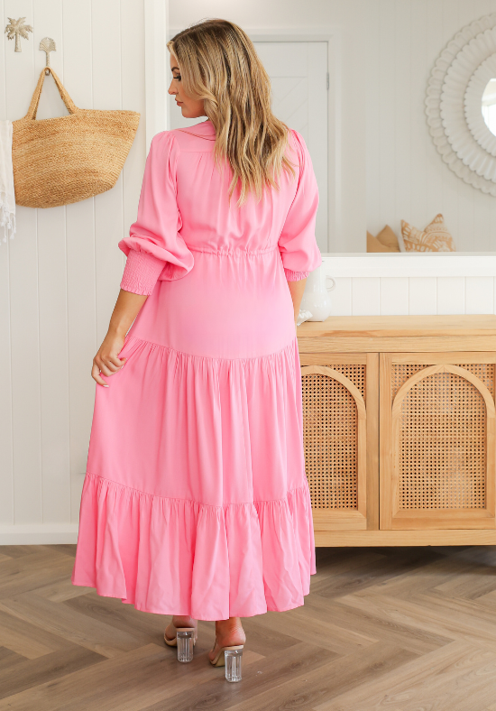 Ladies Long Sleeve Maxi Dress - Pink - Button Up Bust - Plus Size Dress - Daisy's Closet