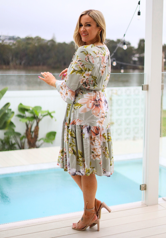 Ladies Floral Dress - Sage - Knee Length - Bronte Dress - Daisy's Closet\