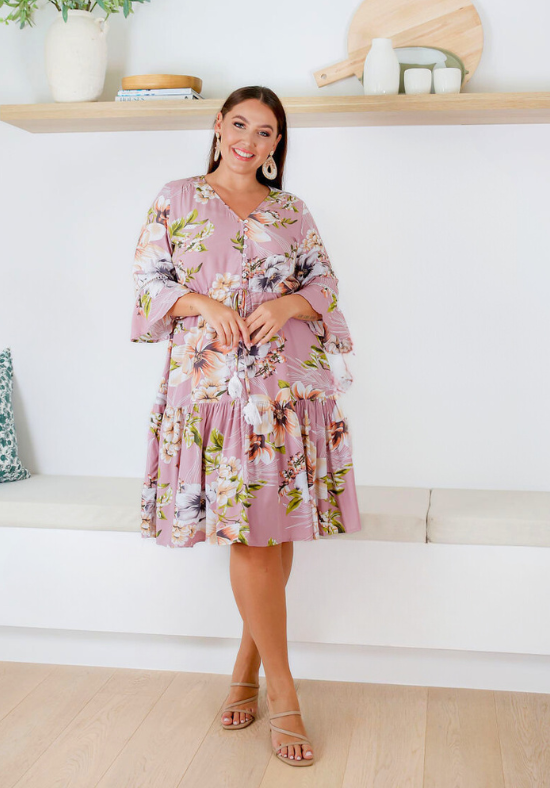 Ladies Spring Dress - Knee Length - 3/4 Sleeves - Floral Pink - Bronte Dress - Daisy's Closet