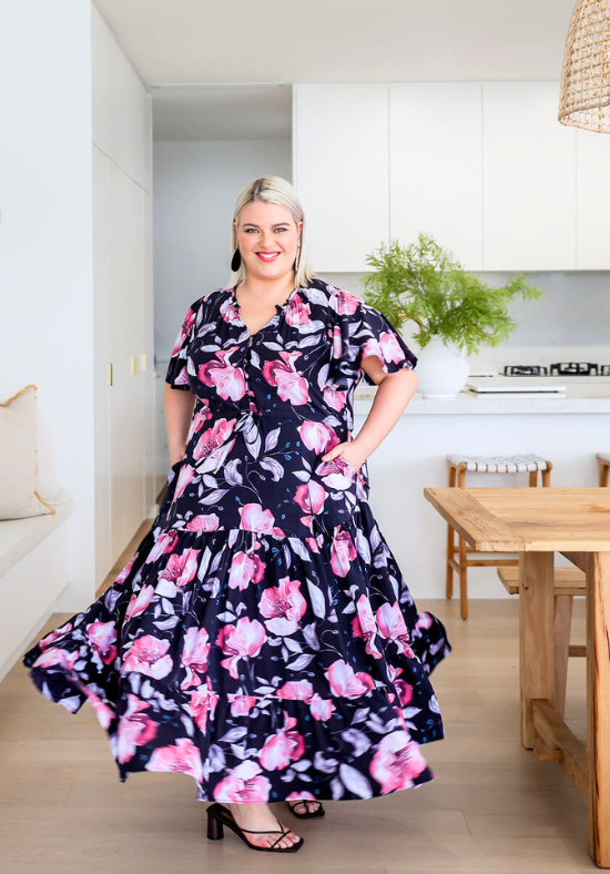 Ladies Maxi Dress - Floral Dress - Deep Purple Background - Demi Dress - Daisy's Closet